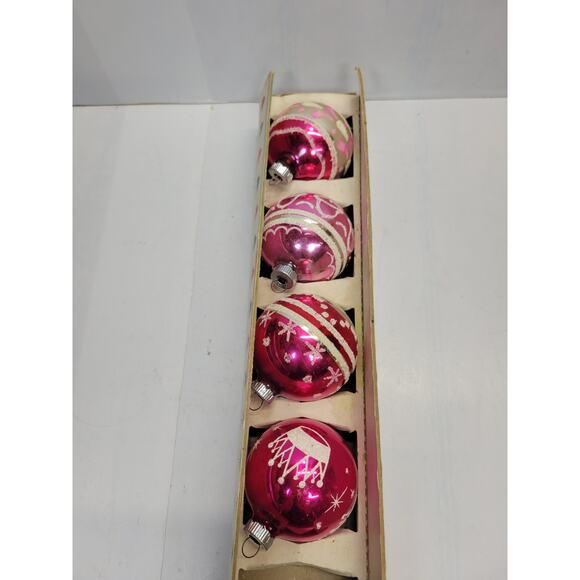 5 MCM Vintage Christmas Tree Ornaments, Assorted Stenciled Pink Bulbs - Picture 2 of 4